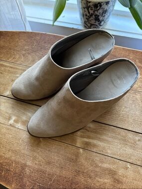 Suede Slip-On Mules in Taupe